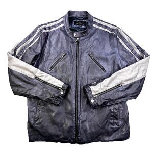 Wilsons Leather Motorcycle Jacket Men 2XL Blue Gray Full Zip Racing Stripes Faux